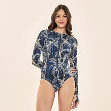Lade das Bild in den Galerie-Viewer, Model Front: Uv Line Badeanzug Swimsuit Macae Coconut Palms Navy Blue Upf50+