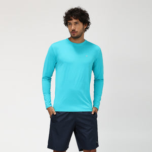 Model Front: Uv Line Rashguard Camiseta Uvpro Ml Azul Piscina Upf50+