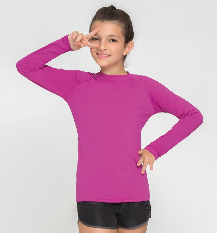 Model Front: Uv Line Rashguard Kids Fpu50+ Uvpro Long Sleeve T-Shirt Pink Uv
