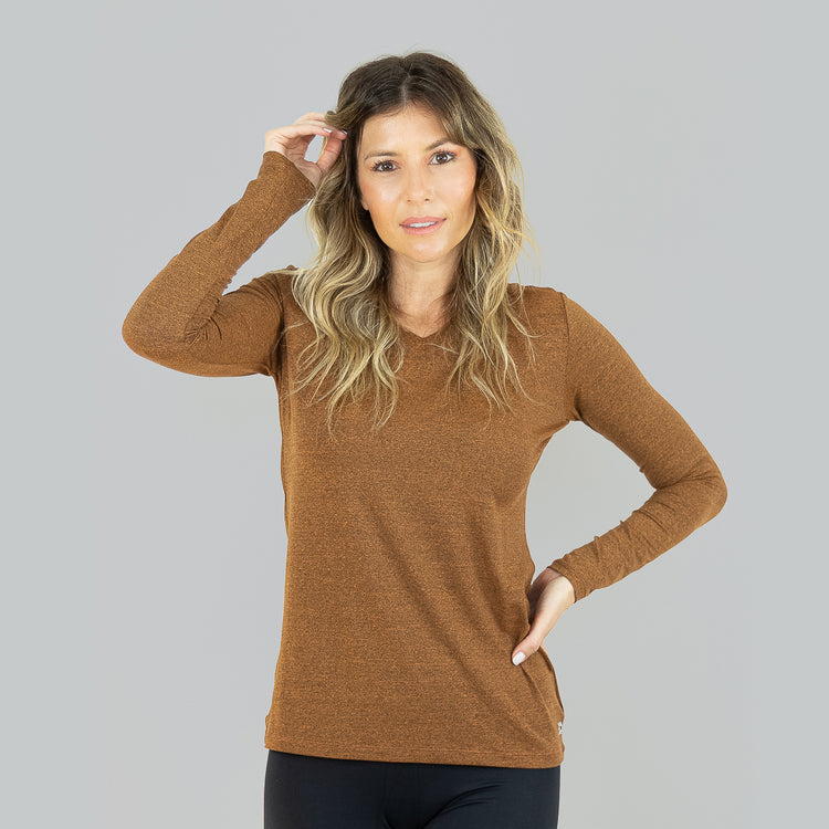 Model Front: Uv Line Fitness-Top Sport Fit Fem Ml Amarelo Msc Upf50+